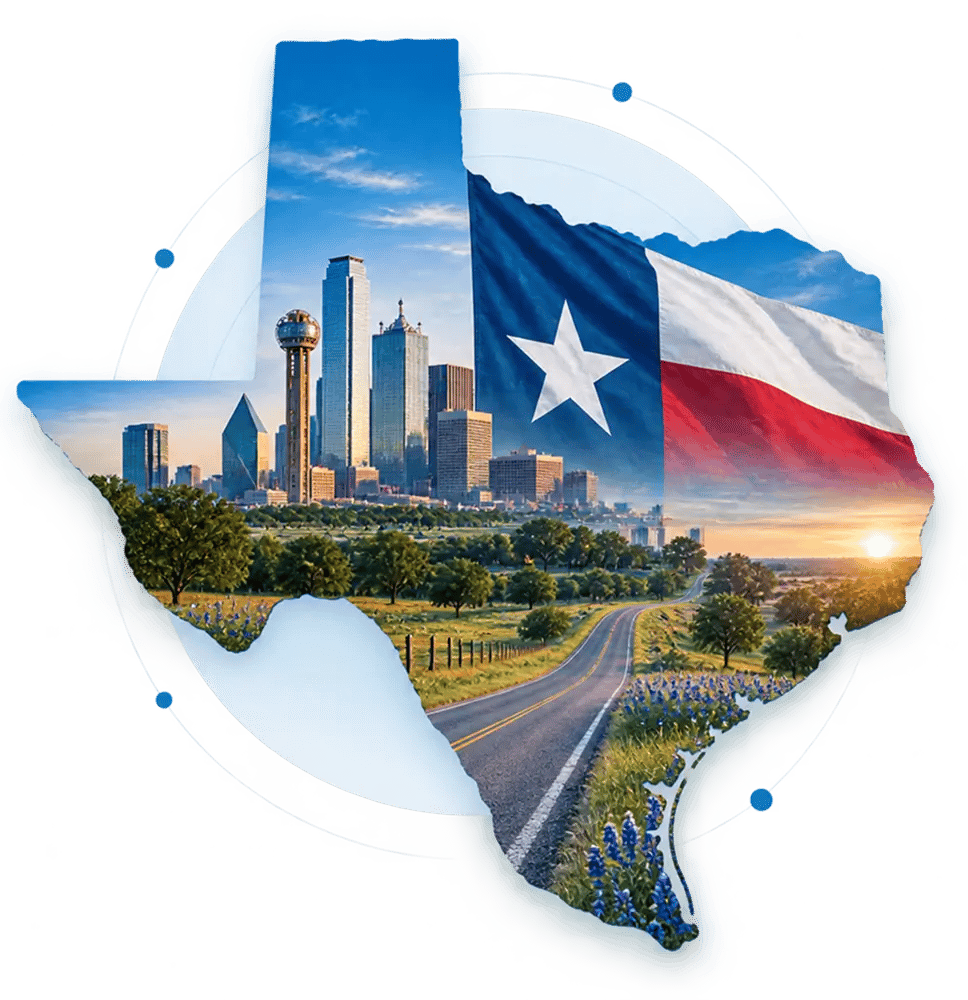 Texas-shaped collage featuring the Dallas skyline, Texas flag, rural highway, and bluebonnets