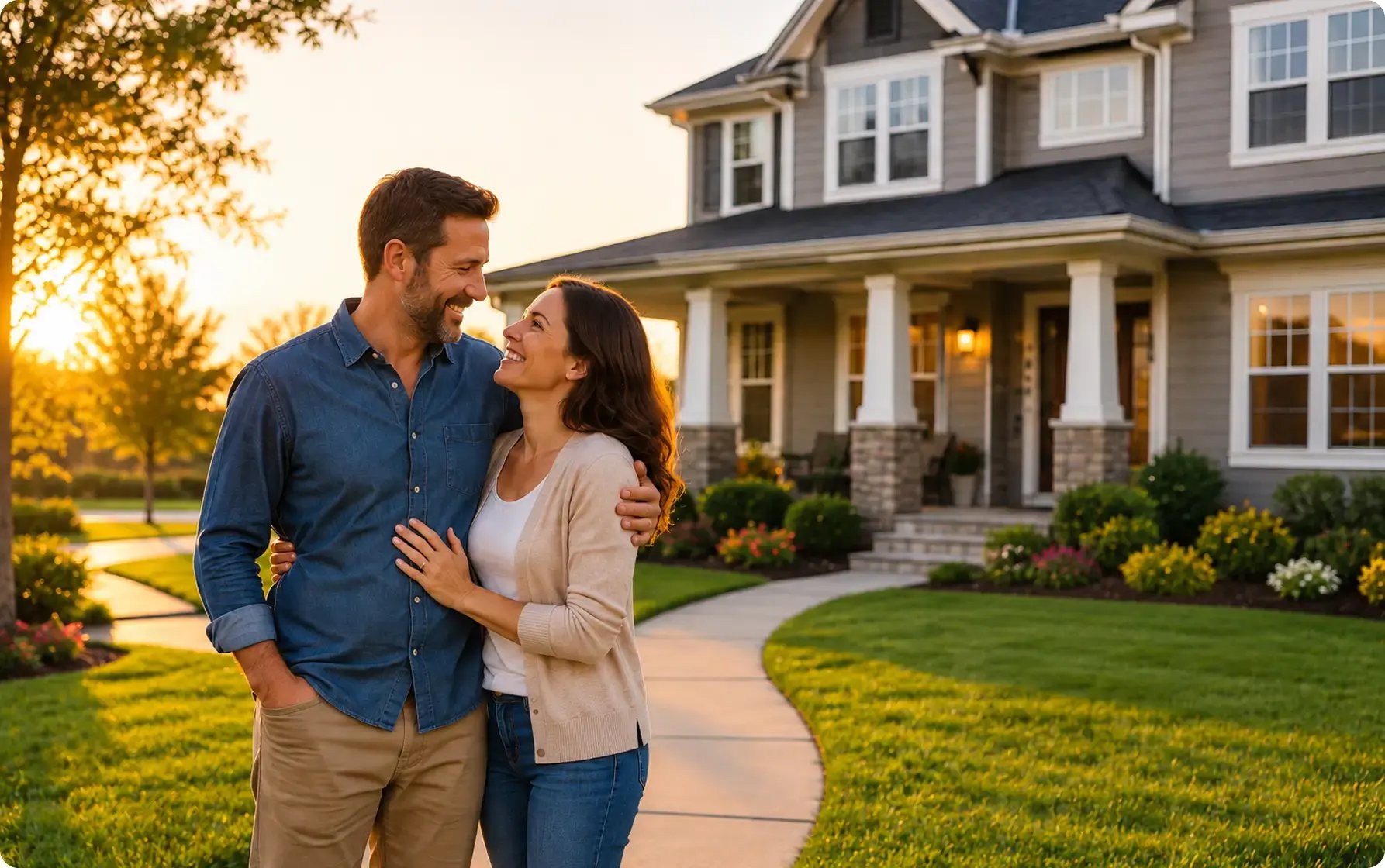 Couple outside a two-story home, illustrating residential property tax loan services.