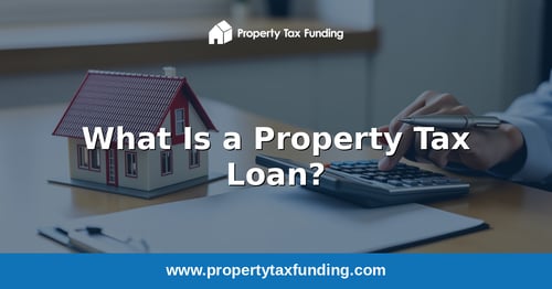 Model house beside a hand using a calculator on a clean desk, what a Texas property tax loan is — Property Tax Funding