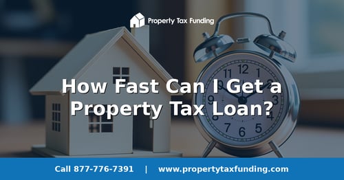 Realistic model house beside a classic alarm clock on a desk, how fast you can get a Texas property tax loan — Property Tax Funding