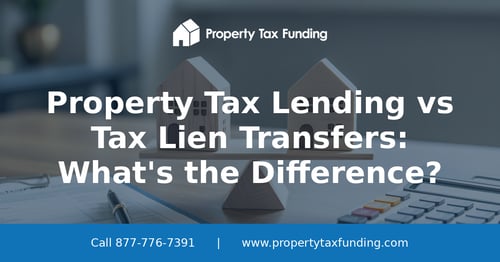 Two model houses on a balance scale, property tax lending versus tax lien transfers comparison — Property Tax Funding