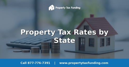Model house beside a calculator and stacked coins on a desk, Texas property tax rates concept — Property Tax Funding