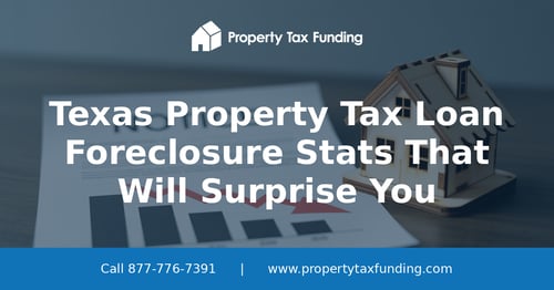 Model house with a foreclosure notice and a declining chart, Texas property tax foreclosure statistics — Property Tax Funding