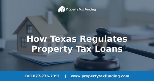 Wooden gavel beside a model house and documents on a desk, how Texas regulates property tax loans — Property Tax Funding